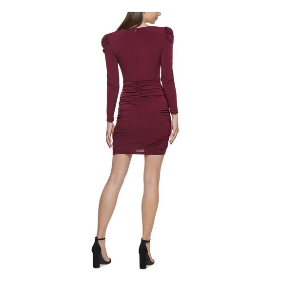 GUESS Womens Maroon Jersey Crossover Front Hem Lined Pouf Sleeve Short Dress 8 - Picture 2 of 4